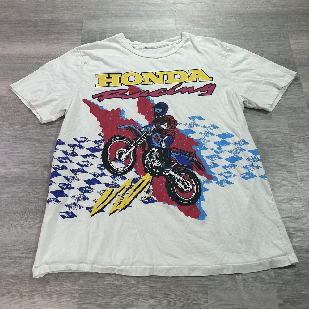 VINTAGE Honda Shirt Mens Medium White Honda Racing Single Stitch Motocross Tee